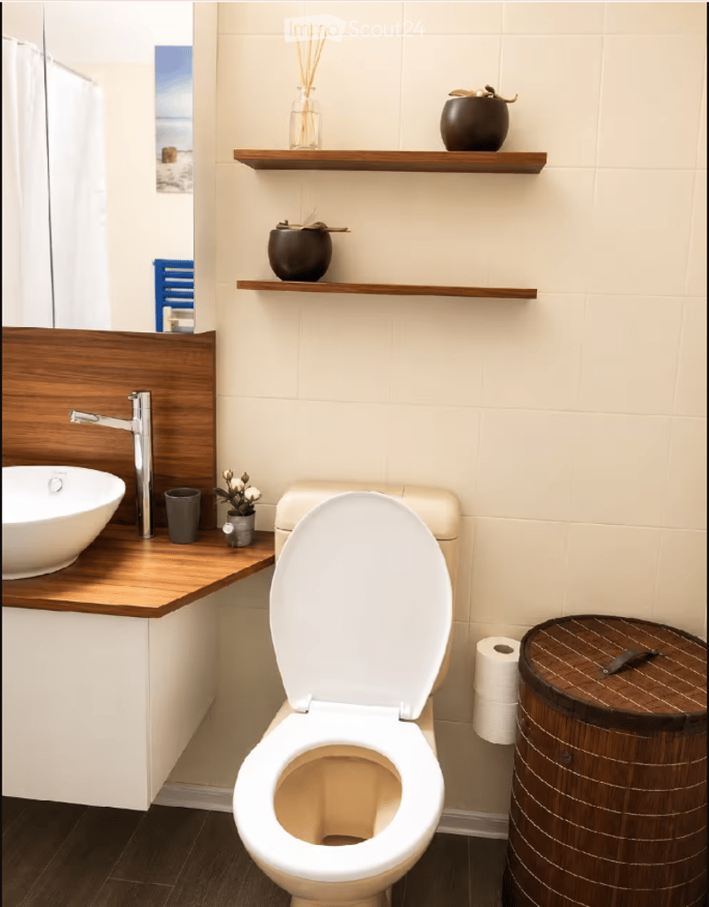 Modern bathroom with a white toilet, wooden shelf, sink, and decorative items.