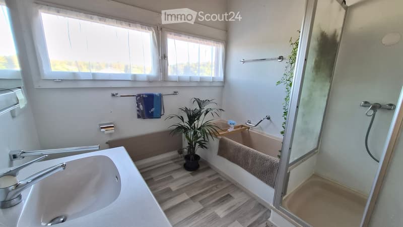 Bright bathroom with a white sink, bathtub, and shower area. Features a potted plant, towel on a rack, and a window with blinds.