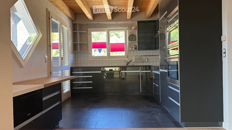 Modern kitchen with dark cabinets, stainless steel appliances, a central island, and large windows letting in natural light.