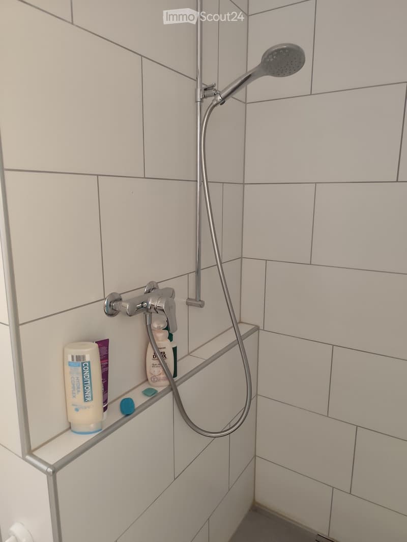 Modern shower area with white tiled walls, a handheld showerhead, a built-in shelf holding several bottles, and a chrome faucet.