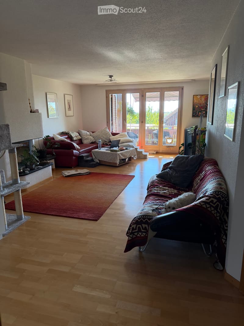 Bright living room with wooden flooring, two sofas, a coffee table, a cat tree, and large sliding glass doors leading to a balcony.