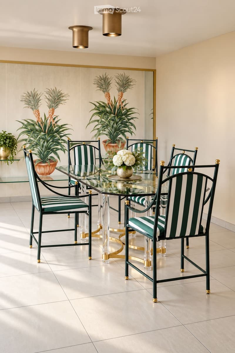 Elegant dining area with a glass table, green and white striped chairs, a flower vase with white flowers, and potted plants in the background.