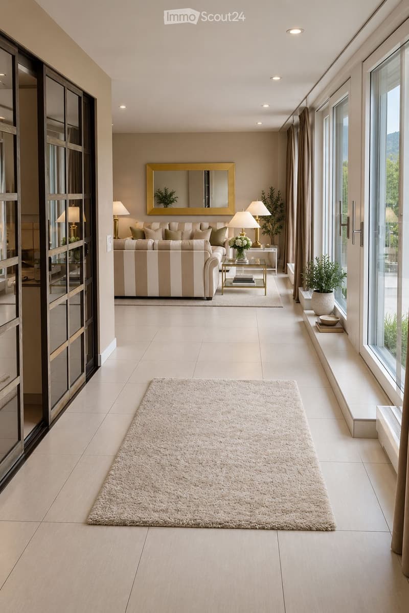 Modern living room with large windows, beige sofa, coffee table, table lamps, and a large white shag rug.