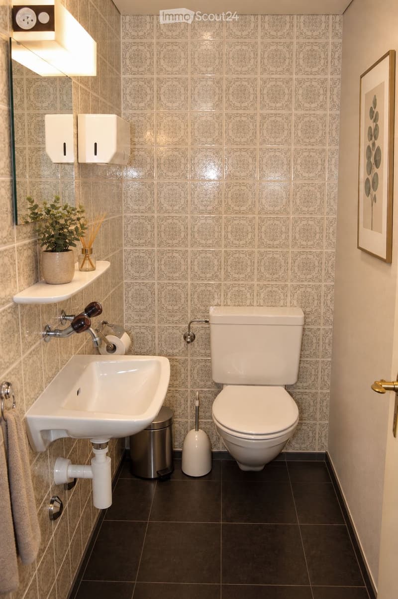 Modern bathroom with beige patterned tiles, a white sink, toilet, and a small shelf holding a plant and decorative items.