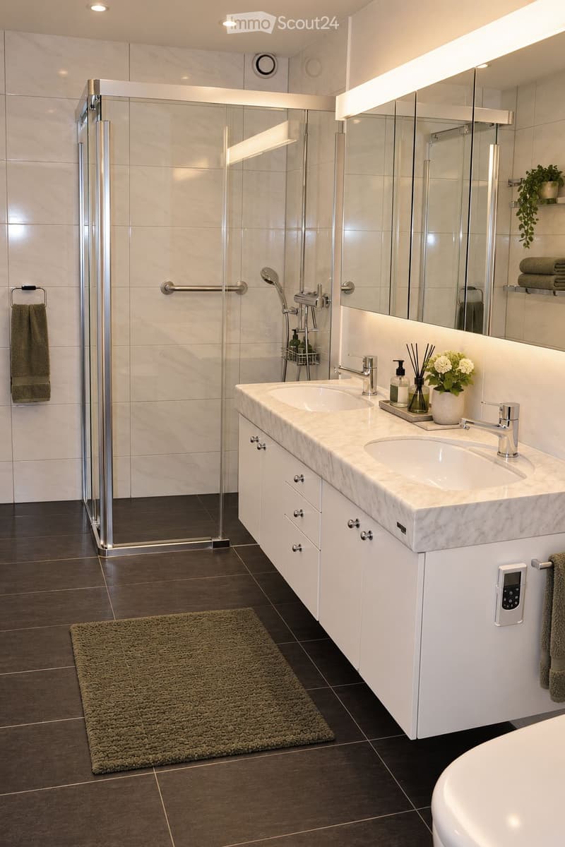 Modern bathroom with a double sink vanity, large mirror, glass-enclosed shower, and decorative elements including a potted plant and a vase with flowers.