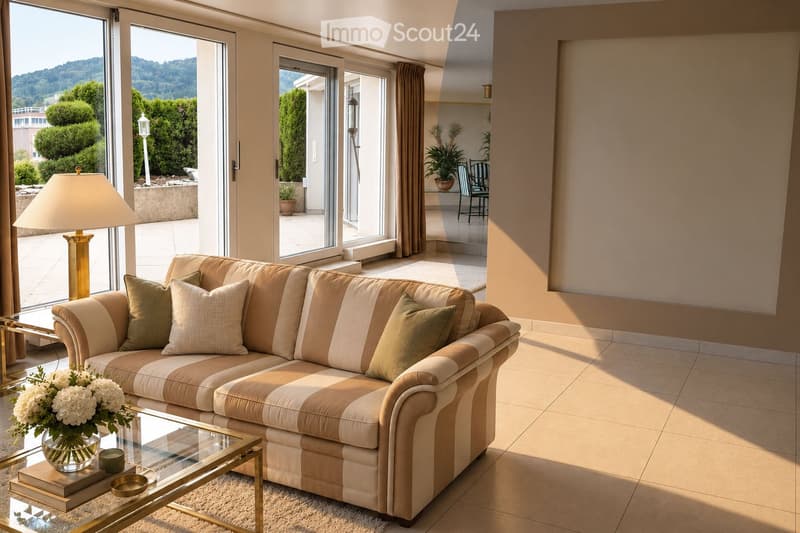 Modern living room with large windows offering a scenic view, featuring a striped sofa, glass coffee table, decorative vase, and floor lamp.