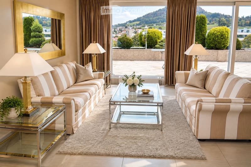 Elegant living room with two cream-colored sofas, a glass coffee table with a vase of white flowers, side tables with table lamps, and large windows offering a scenic view of the landscape.