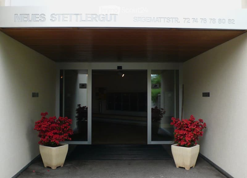 Entrance to a modern building with a covered walkway, glass doors, and potted plants on either side.