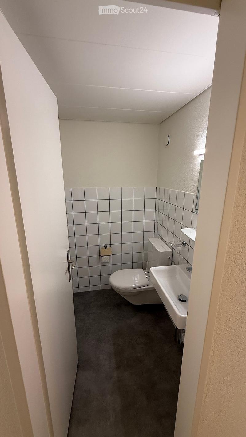 Small bathroom with white tiled walls, a toilet, a sink, and a mirror. The floor is carpeted in gray.