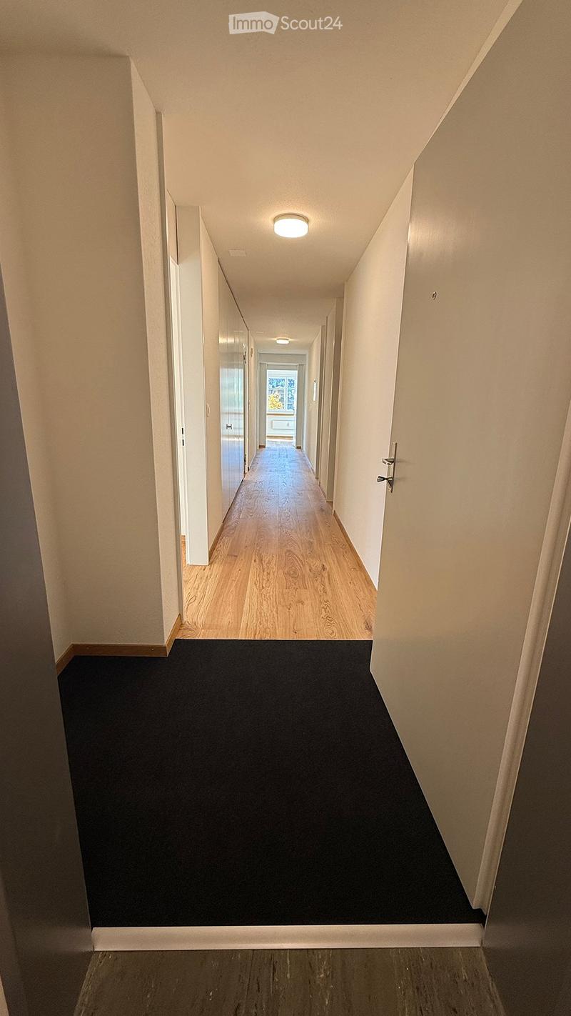 A long, narrow hallway with light wooden flooring and white walls, featuring several doors and a ceiling light fixture.