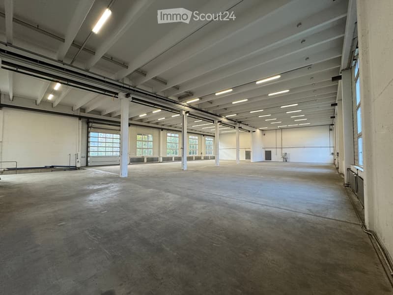 Large, empty industrial-style space with concrete floors, white walls, exposed ceiling beams, and large windows allowing natural light.