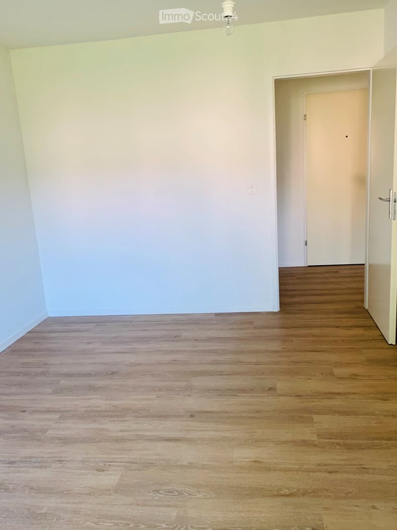 Empty room with light-colored wooden flooring and white walls, featuring a single doorway leading to another room.