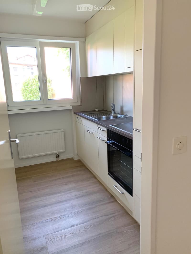 Modern kitchen with light-colored cabinets, stainless steel sink, oven, and wooden flooring.
