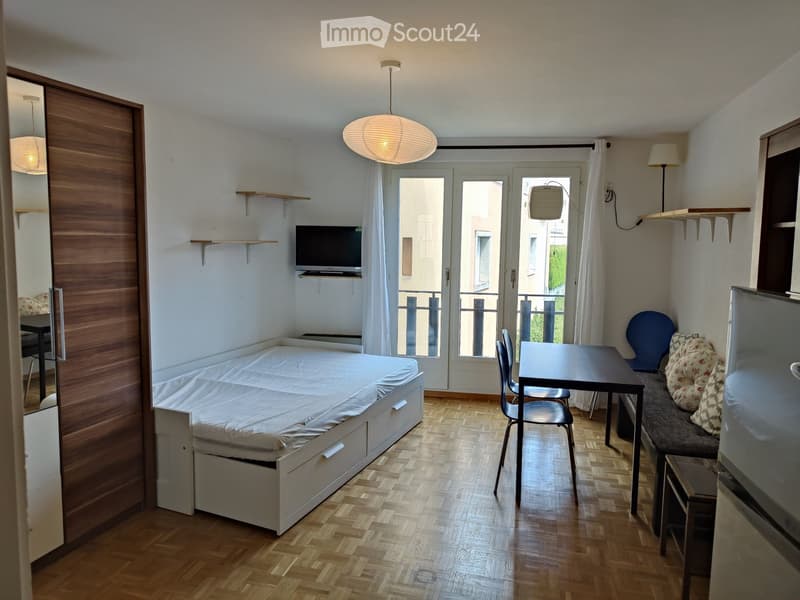 Cozy studio with a bed, small table, chairs, sofa, TV, and a refrigerator. Features wooden flooring and large windows leading to a balcony.