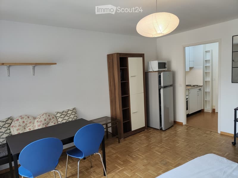 A modern, compact living space with a dining area and an open kitchen. Features include a black dining table with blue chairs, a wooden cabinet, a refrigerator, a microwave, and a hanging pendant light.