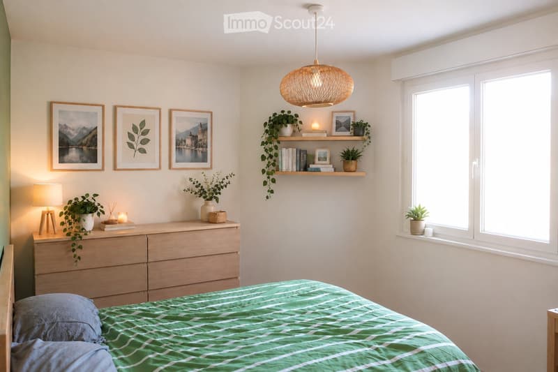 A modern, well-lit bedroom with a green and white striped duvet, a wooden nightstand, a hanging wicker lamp, and several potted plants. The room features large windows with blinds and decorative wall art.