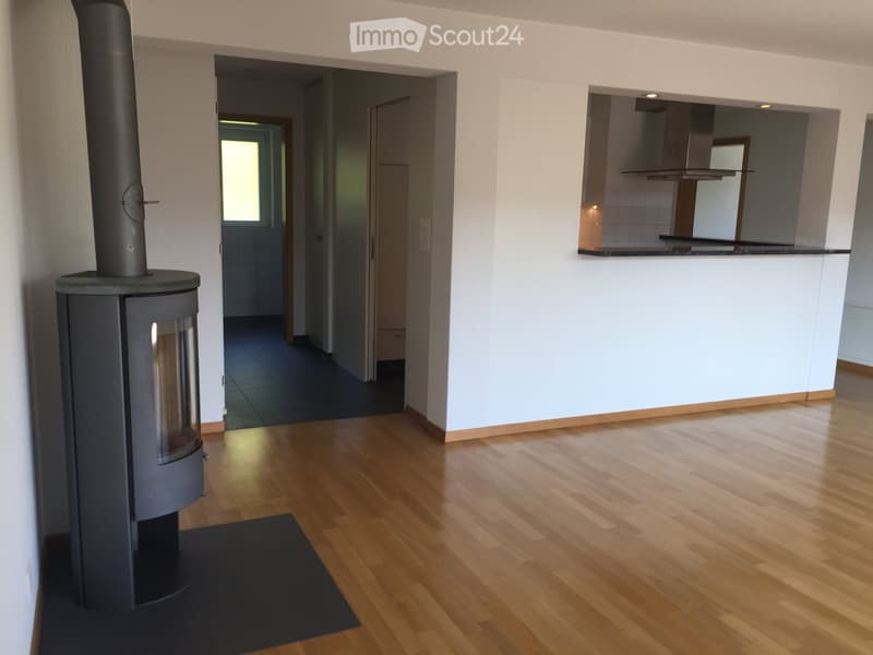 Bright hallway with wooden flooring, white walls, and a modern wood-burning stove on the left. The hallway leads to a kitchen area visible on the right with white cabinets and a countertop.