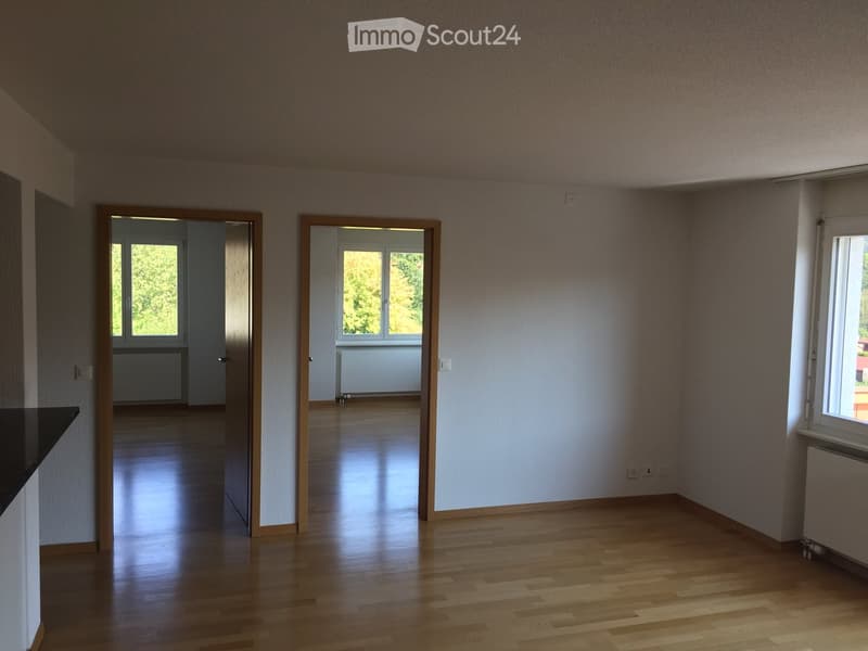 Empty room with wooden flooring, white walls, and two open doorways leading to adjacent spaces with windows and radiators.