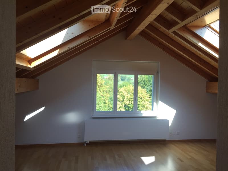 Empty attic room with wooden beams, skylights, large window, and wooden flooring.