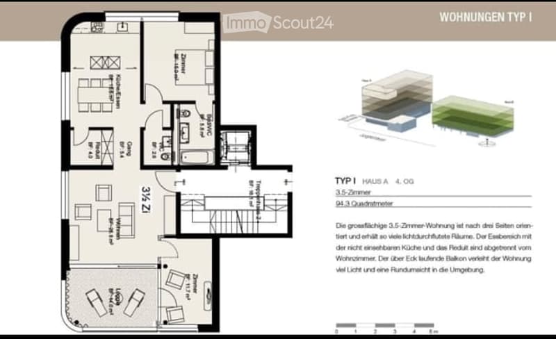 Floor plan of a 3.5-room apartment with living room, kitchen, 2 bedrooms, 2 bathrooms, and balcony.