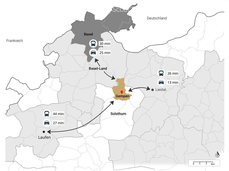 Map showing travel times from Gempen to nearby cities including Basel, Liestal, Solothurn, and Laufen, with transportation icons for bus and car.
