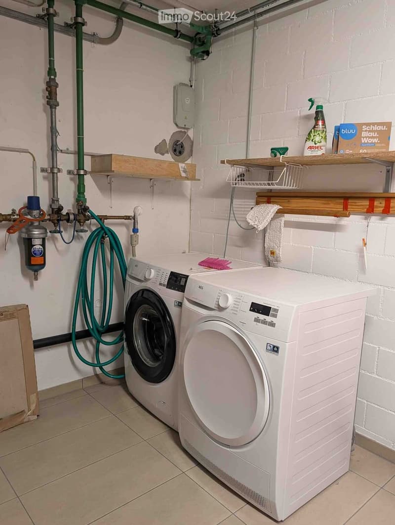 Utility room with a washing machine and dryer, shelves, and cleaning supplies.