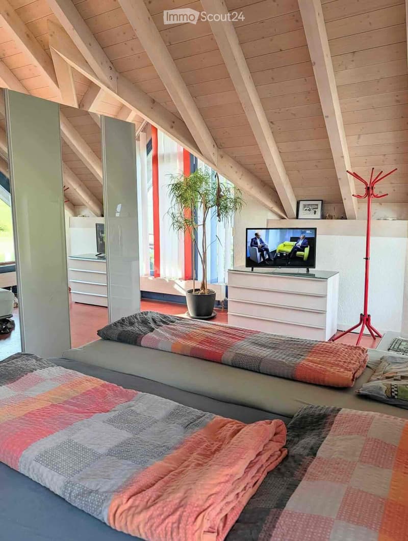 Cozy attic bedroom with wooden slanted ceilings, a large bed with colorful patchwork quilt, a television on a white stand, a potted plant, and a red coat rack.