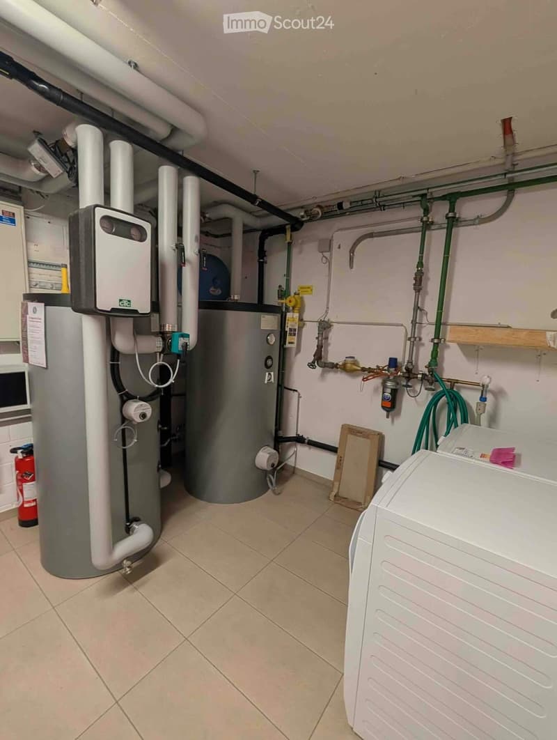 Utility room with water heater, boiler, and fire extinguisher. Visible pipes and valves.