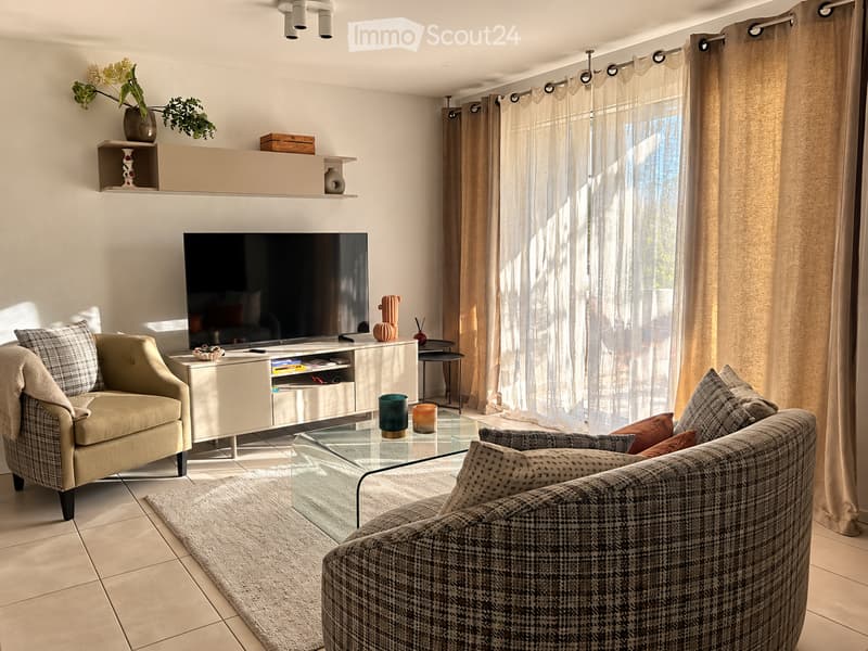 Modern living room with a large TV, two sofas, a glass coffee table, and decorative items on shelves and side tables.
