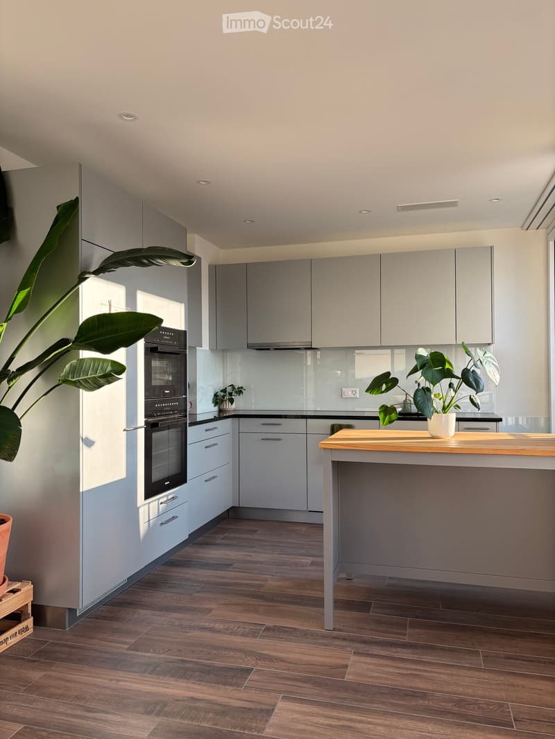 modern, clean and sleek white kitchen with wooden floor and large black built-in oven