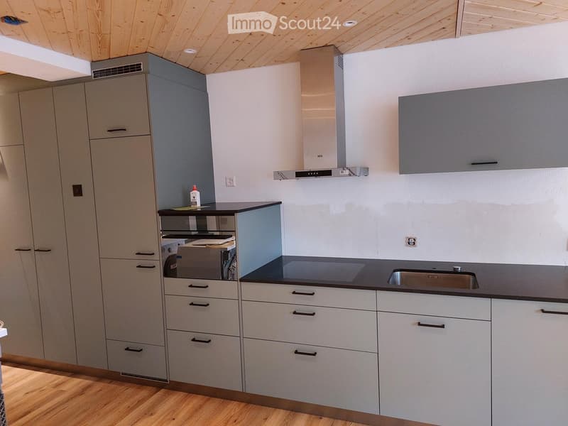 Modern kitchen with grey cabinets, black countertops, stainless steel sink, and built-in appliances including a stove and oven. The space features a sleek, contemporary design with wooden flooring.