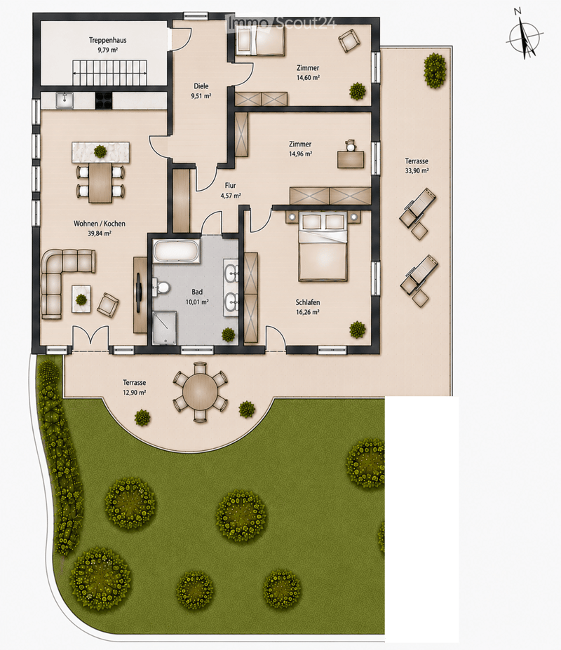 Floor plan of a house with multiple rooms including living/dining area, kitchen, bedroom, bathroom, and terraces. Outdoor area includes a garden with several bushes.