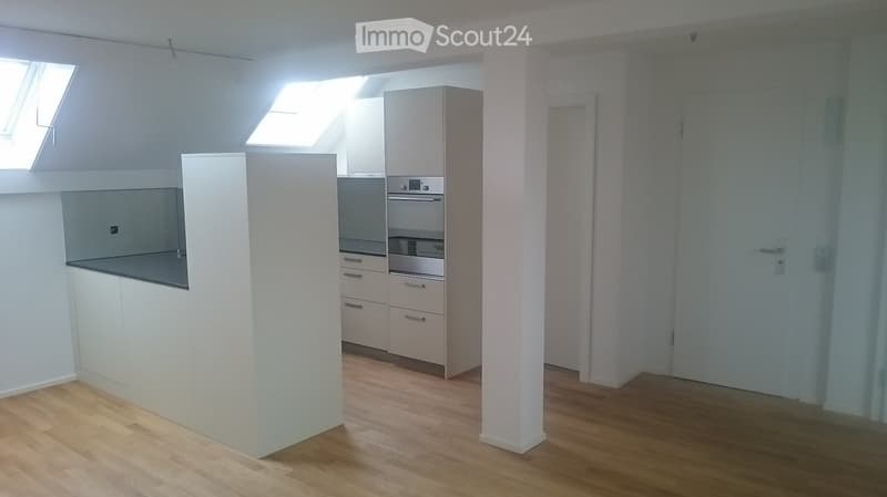 Empty kitchen with white cabinets, stainless steel appliances, wooden flooring, and skylight windows.