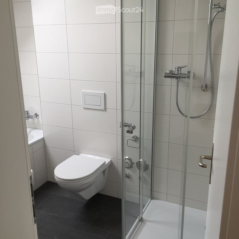Modern bathroom with white tiles, a toilet, a glass-enclosed shower, and a chrome faucet.