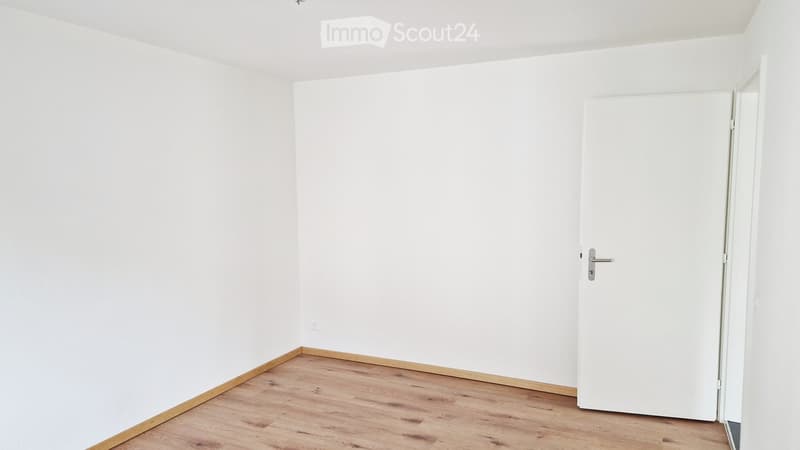 Empty room with white walls, wooden flooring, and a white door.