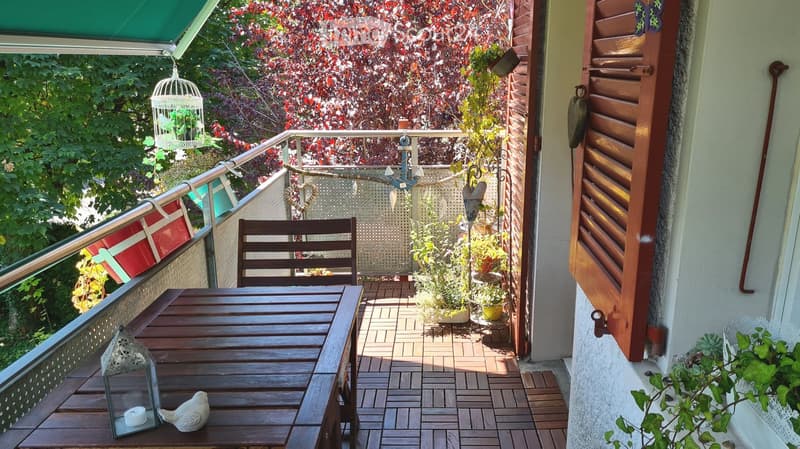 Balcony with wooden table, chairs, potted plants, and decorative items.