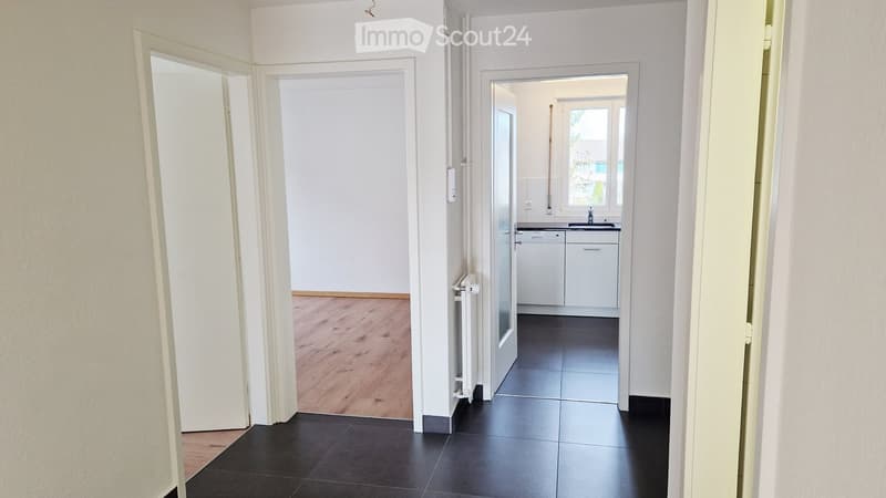 A clean, modern hallway with white walls, wooden flooring in one section, and black tiled flooring in another. The hallway leads to an open kitchen area with white cabinets, a sink, and a dishwasher.