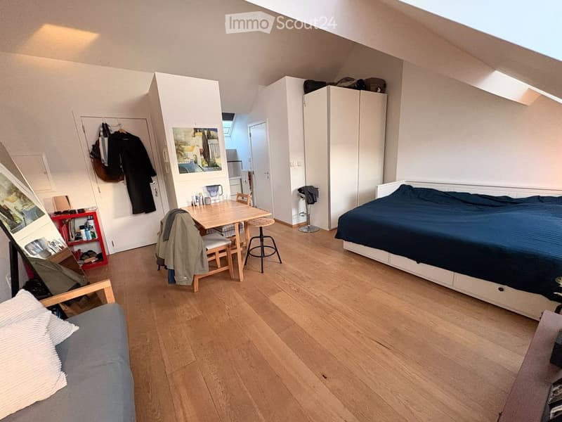 Cozy studio with wooden flooring, a bed, a small table with chairs, a sofa, and a cabinet. The room has a slanted ceiling with skylights, and a coat rack with jackets and bags.