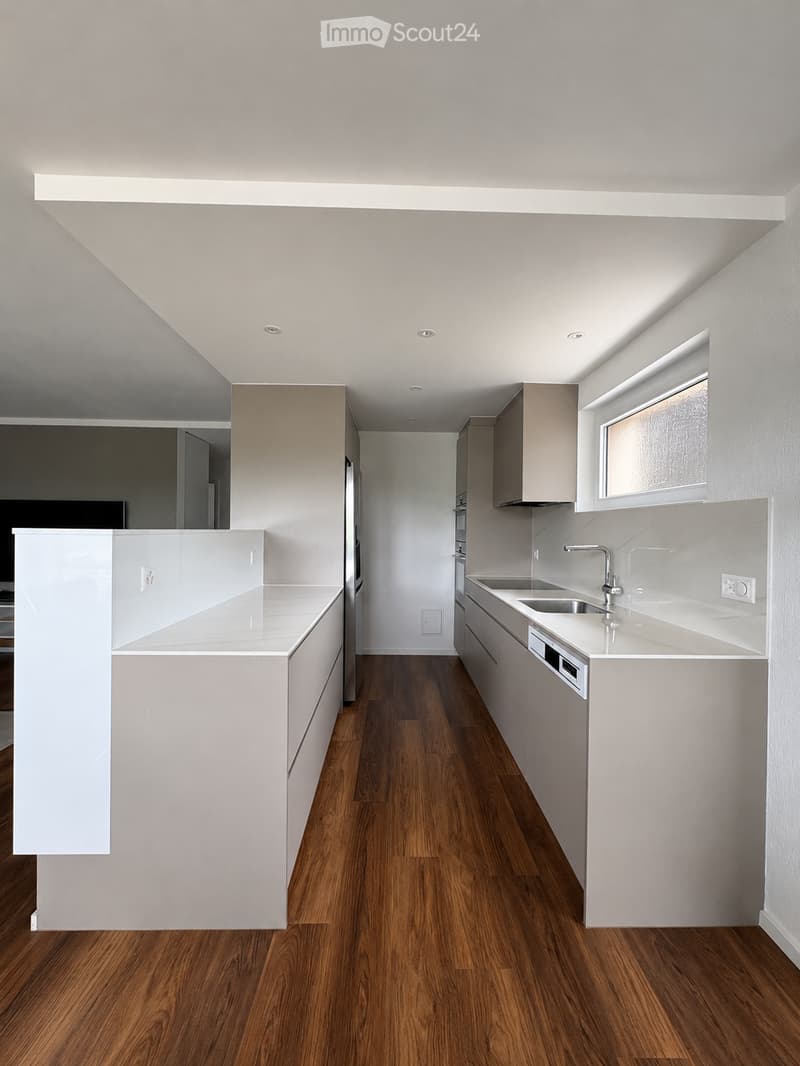 Modern kitchen with white cabinets, wooden flooring, and a sleek sink area featuring a faucet and dishwasher.