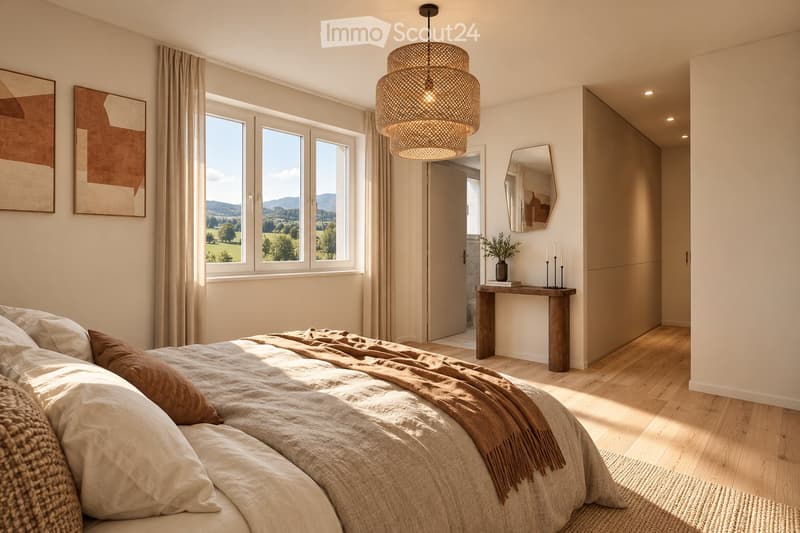 Bright bedroom with large windows offering a scenic view, featuring a neatly made bed with pillows and a blanket, a wooden side table with a vase and candles, a mirror, and modern artwork on the walls.