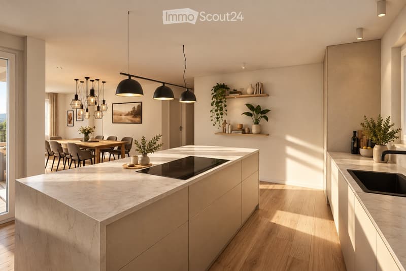 Modern kitchen with a central island, induction cooktop, sink, pendant lights, dining area with a table and chairs, shelves with decorative items, and potted plants.