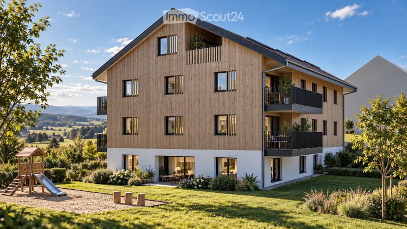 Modern two-story house with wooden facade, large windows, balconies, and a well-maintained garden with a playground area.