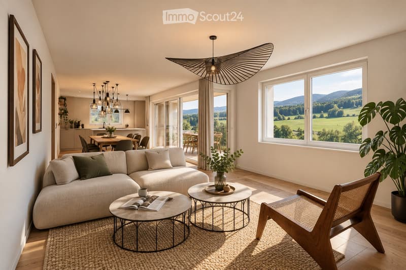 Modern living room with large windows offering a scenic view, featuring a sectional sofa, coffee tables, a wooden chair, and a dining area in the background.