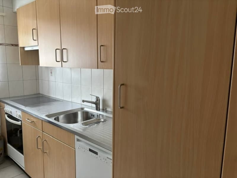 Modern kitchen with light wooden cabinets, stainless steel sink, faucet, oven, and dishwasher.