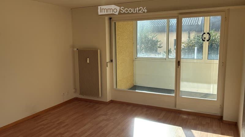 Empty room with wooden flooring, large windows, radiator, and a door leading outside.