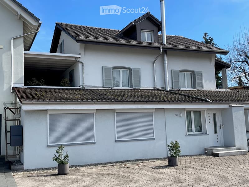 2 story house, white exterior, brown roof, garage, roll-up shutters, front yard with plants