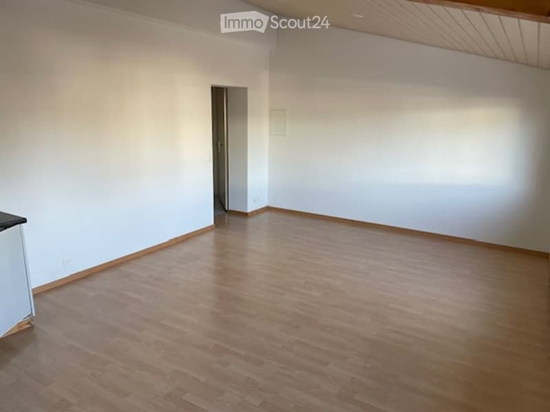 Empty room with wooden floor, white walls, and a door leading to another room.