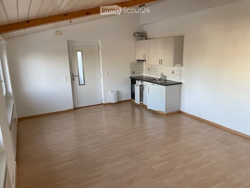Empty room with wooden floor, white walls, white door, kitchen with sink, cabinets, and countertop