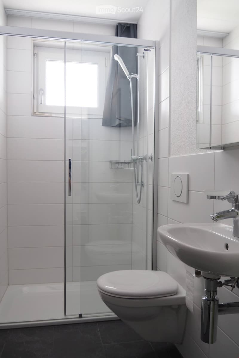 Modern bathroom with white tiles, a glass-enclosed shower, a toilet, and a sink with a chrome faucet.