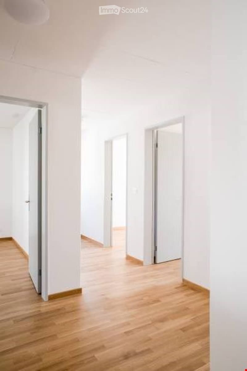 Empty room with light wooden flooring and white walls, featuring multiple open doors leading to adjacent spaces.